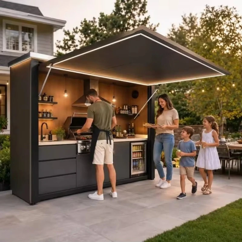 Professional Eco-Friendly Waterproof Fireproof Portable Outdoor Kitchen Island Aluminum Glass Cabinets BBQ Grill Modular Dining