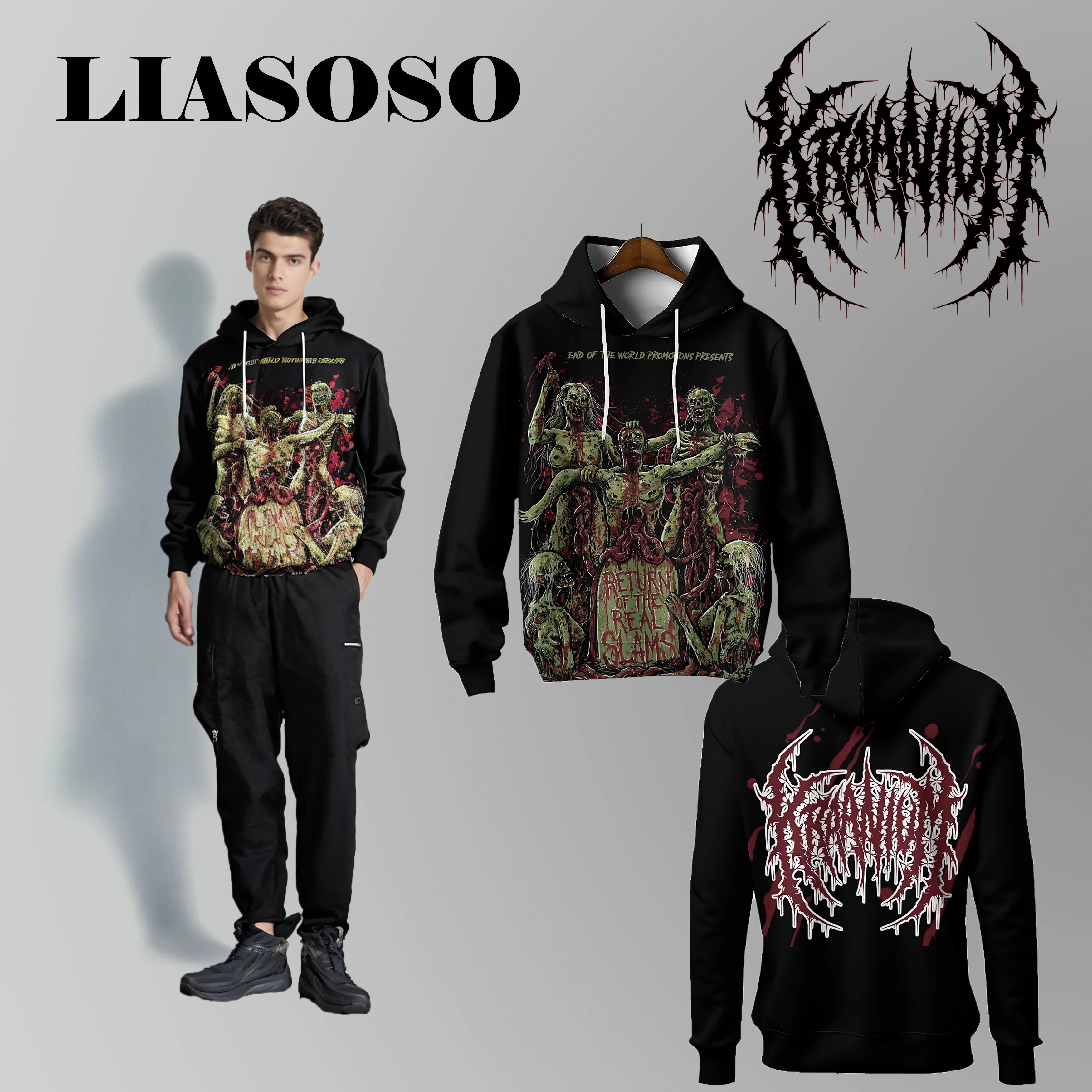 LIASOSO KRAANIUM Rock Band Long Sleeve Hoodie 3D Printed Harajuku Style Heavy Metal Sweatshirt for Men & Women Classic Look