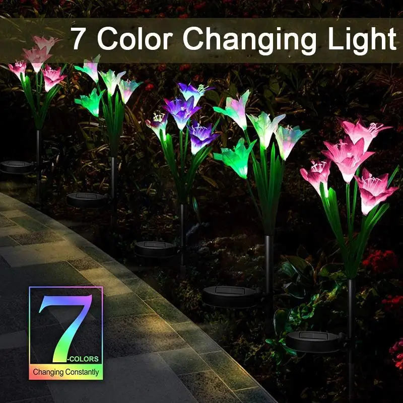 Outdoor Solar Lights With 4 Lily Flowers Lamp Solar Powered Lawn Flower Light For Garden Pathway Patio Landscape Decor