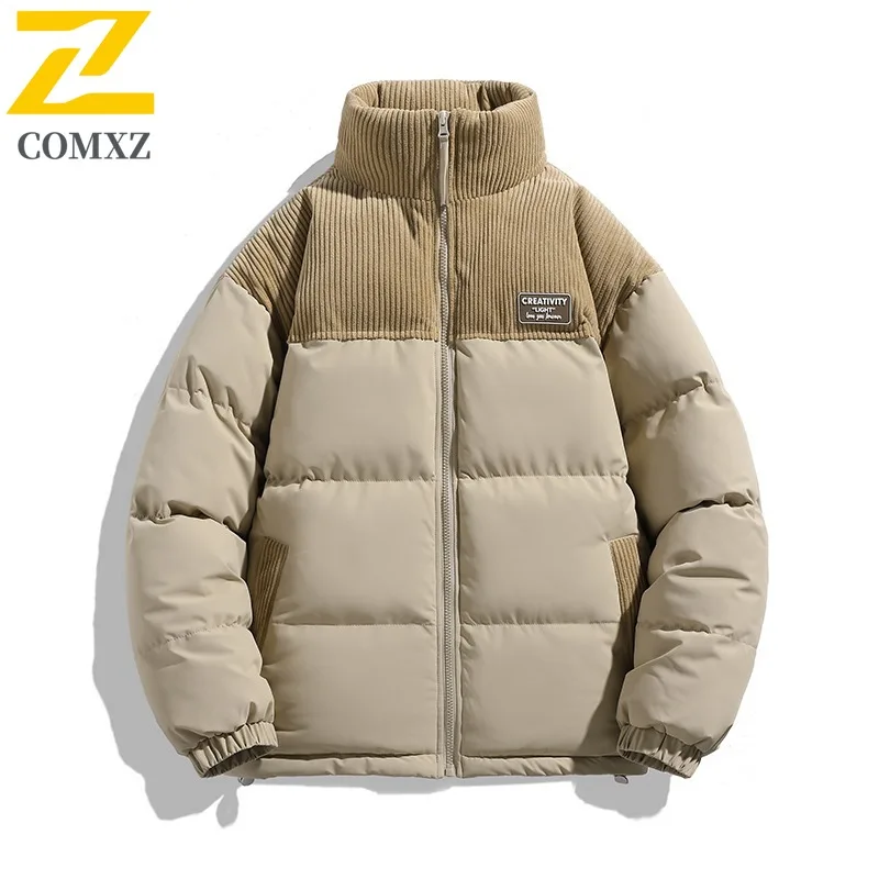COMXZ 2025 Winter Fashion Stand Collar Loose Fit Color Block Cotton Jacket American style Windproof Warm Unisex Outdoor Coat