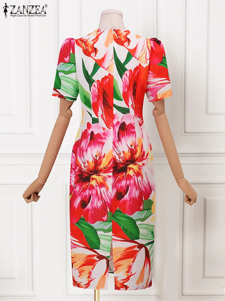 ZANZEA Women Short Puff Sleeve Sundress Bohemian Floral Print Midi Dresses Sexy Round Neck Holiday Waisted Slim Robe Oversized