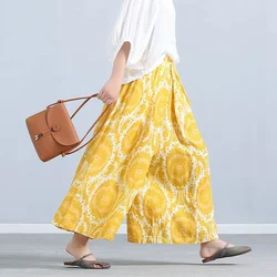 Cotton Linen Pants Women Elastic Waist Round Dot Oversized Wide Leg Pants Casual Loose Baggy Pants Vintage Korean Style Trousers