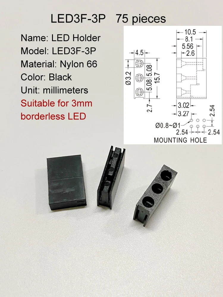 Rechteckige feste Basis aus schwarzem Kunststoff material, geeignet für 3-mm-LED-Halter-Platine mit 90 ° rechtwinkliger Isolation halterung