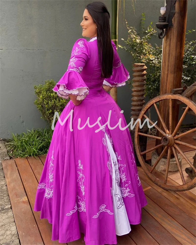 Carnival Women's Hot Pink Evening Dress V Neck Flamenco Spanish Prom Dress Elegant Arabian Turkish Formal Dance Dress Customized