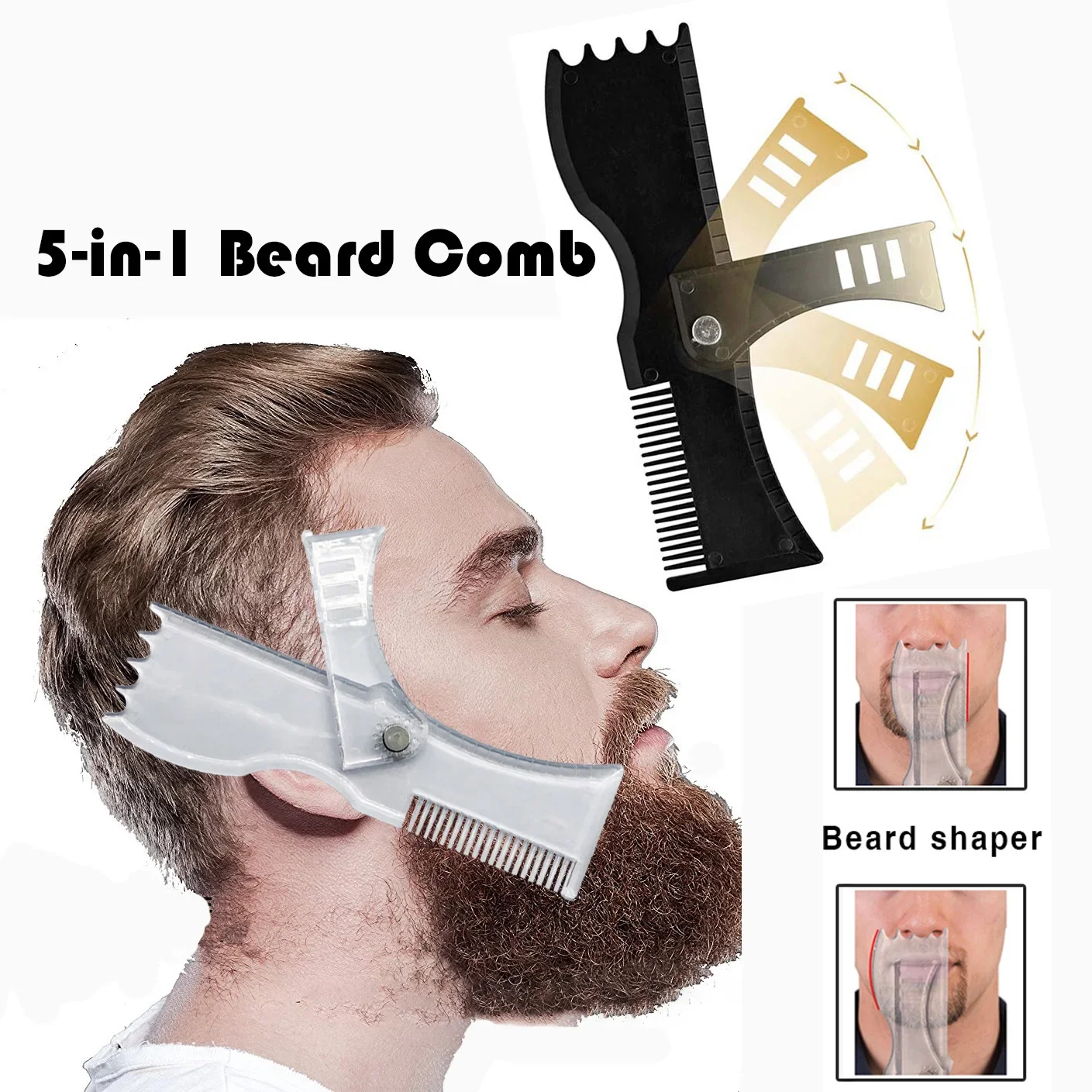 5-in-1 Adjustable Beard Comb Styling Tool Rotatable Comb Hair Trimming Mold Shaper Template for Men Barber Moustache Ruler