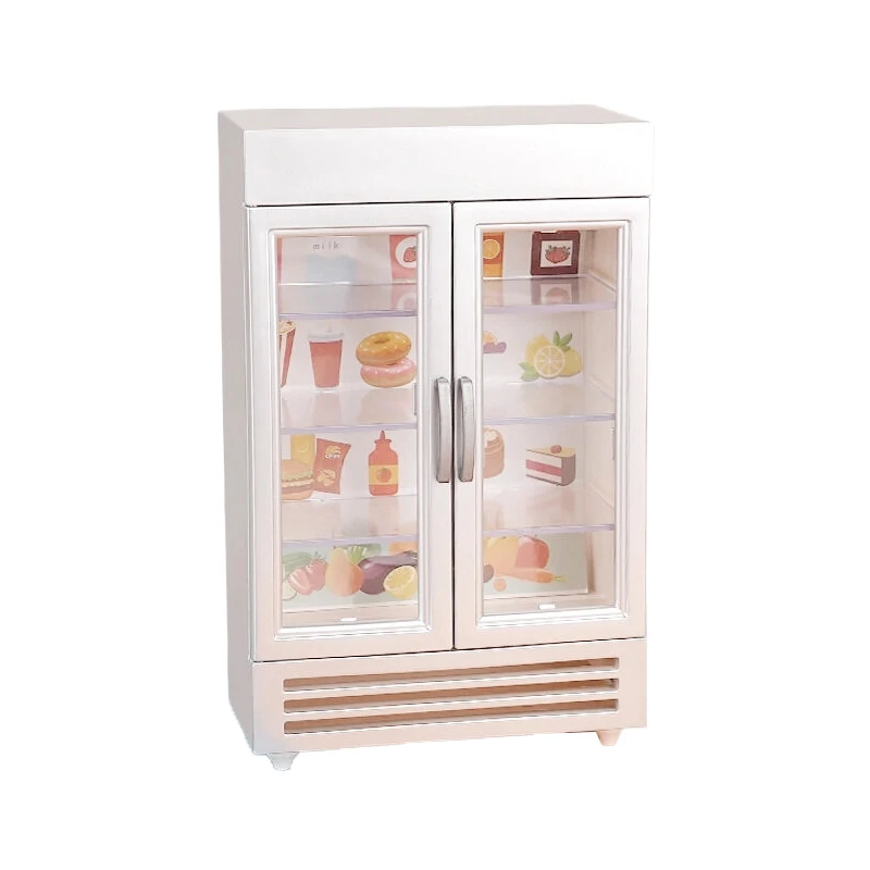 1Pc 1:12 Dollhouse Miniature Double Door Refrigerator Supermarket Freezer Model Kids Pretend Play Toys Doll House Accessories