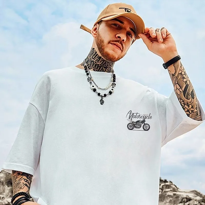 

2025 Summer Men Vintage Motorcycle Printed Fashion Clothes Loose Casual Short T-Shirt Comfortable Breathable Outdoor Street Tee