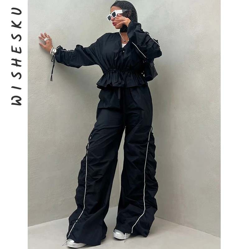 2 Piece Set Sexy Reflective Stripes Sleeve Lace Up Tops+Ruched Loose Pants Casual Sporty Matching Streetwear 2024 Spring Fall