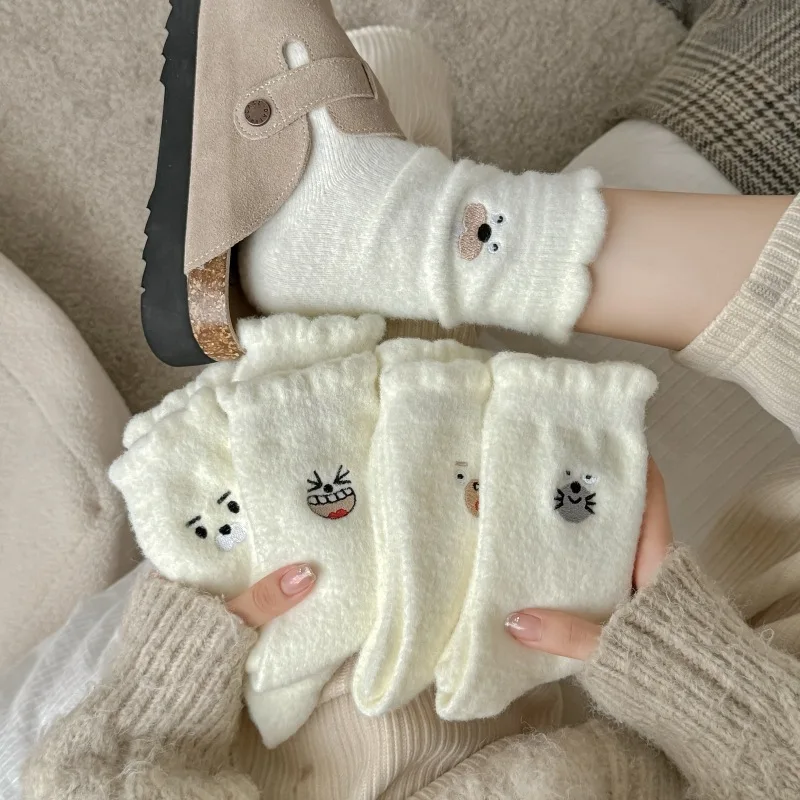 1 Pair Pure Color Thicken Warm Cute Socks Cotton Autumn Winter Kawaii Animal Women Socks Embroidery Middle Tube Socks
