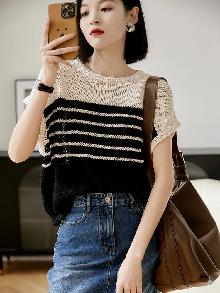 

Faionable Stripe Color Blo ort Sve Knitted Ice Silk Base Top Women's Summer Design Sense Straight Tube Knitwear