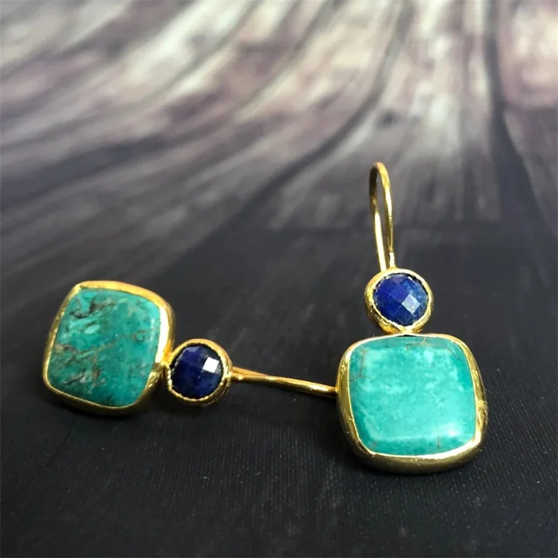 Vintage Square Inlaid with Green Stones Earrings Women Classic Personality Gold Color Blue Stone Dangle Earrings Jewelry