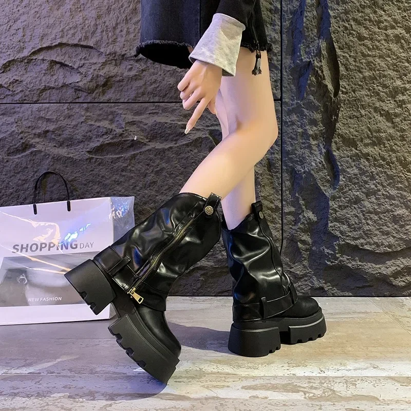 Sepatu bot kulit lembut, sepatu bot wanita Chunky, sepatu bot Platform tinggi, musim dingin, sepatu bot pendek Ankle kulit lembut, 6CM