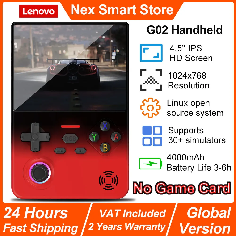 Console de jeu rétro Lenovo G02, écran IPS HD de 4,5 pouces, système Linux avec plus de 30 émulateurs, résolution élevée 1024x768, batterie géante de 4000 mAh, console portable, version mondiale