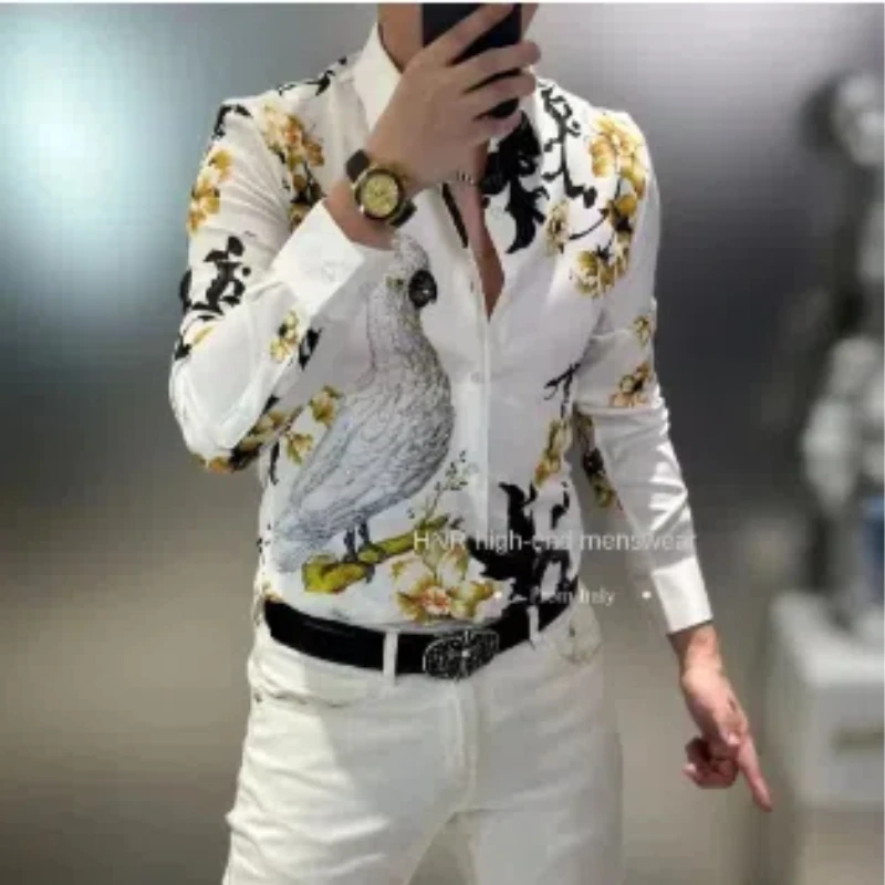 

2024 Autumn New Boyfriend Spliced Square Collar Button Fashion Versatile Trendy Printed Minimalist Casual Long Sleeve Shirts