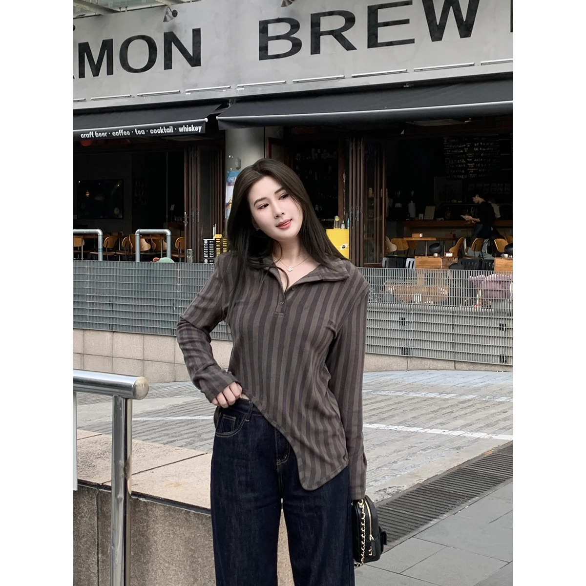 

ChubbyGirl Artistic Striped Top with oulder Pads Long Sve Regular Length Towel Bot Slimming Soft Women's T-irt