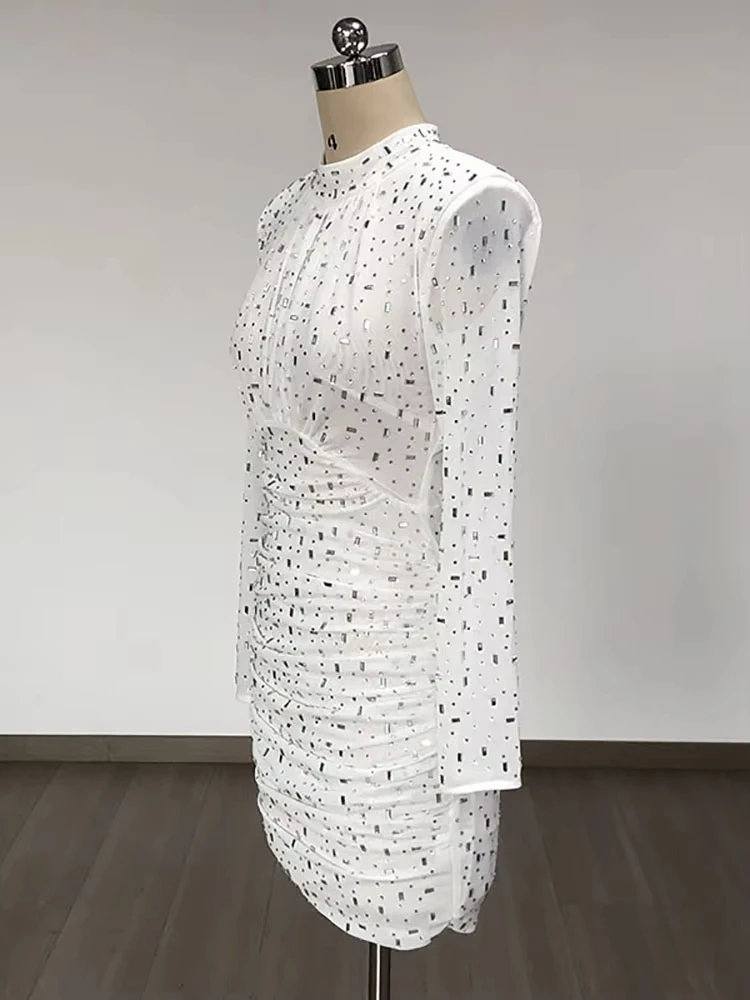 Sexy O Neck Slimming Spliced Diamonds Dresses For Women Stand Collar Long Sleeve Patchwork Folds Elegant Dress Female Clothing