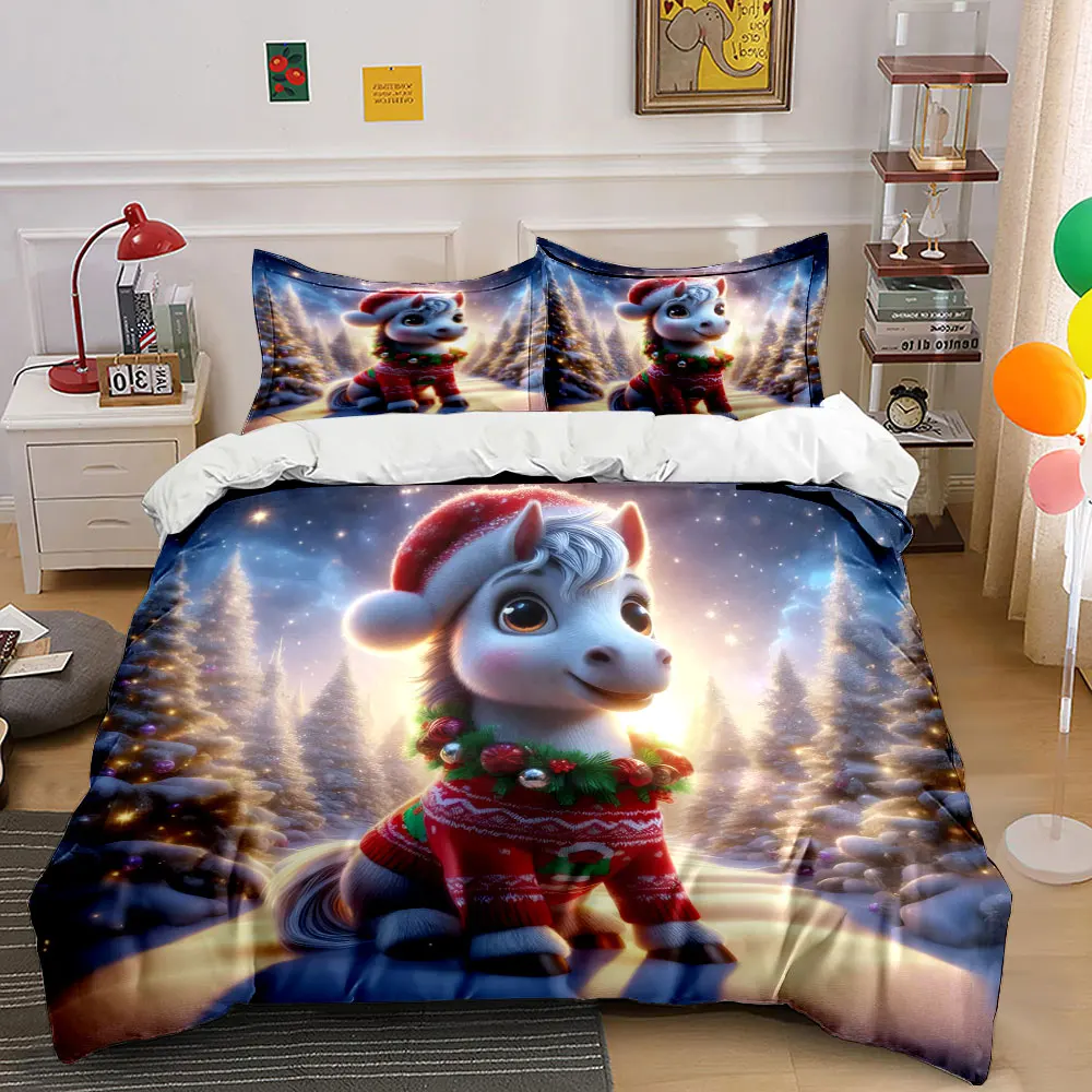 Little Pony dressed in Christmas attire in a snowy forest Print Duvet Cover Bedding Set Included 1*Duvet Cover 2*Pillowcases