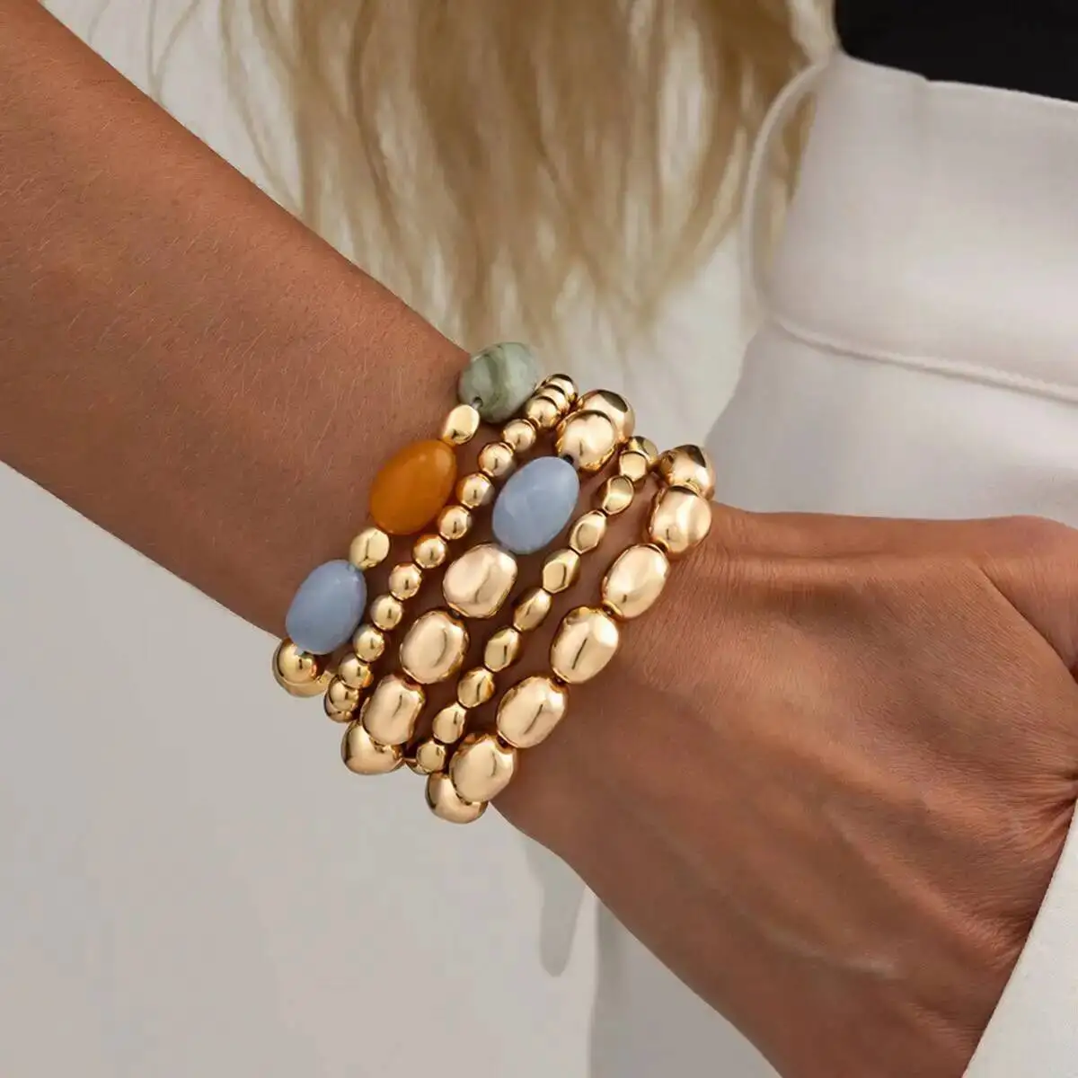 SHIXIN 5Pcs/Set Bohemian Vintage Elastic CCB Acrylic Bracelets for Women Irregular Beaded Resin Strand Bangle Stackable Jewelry