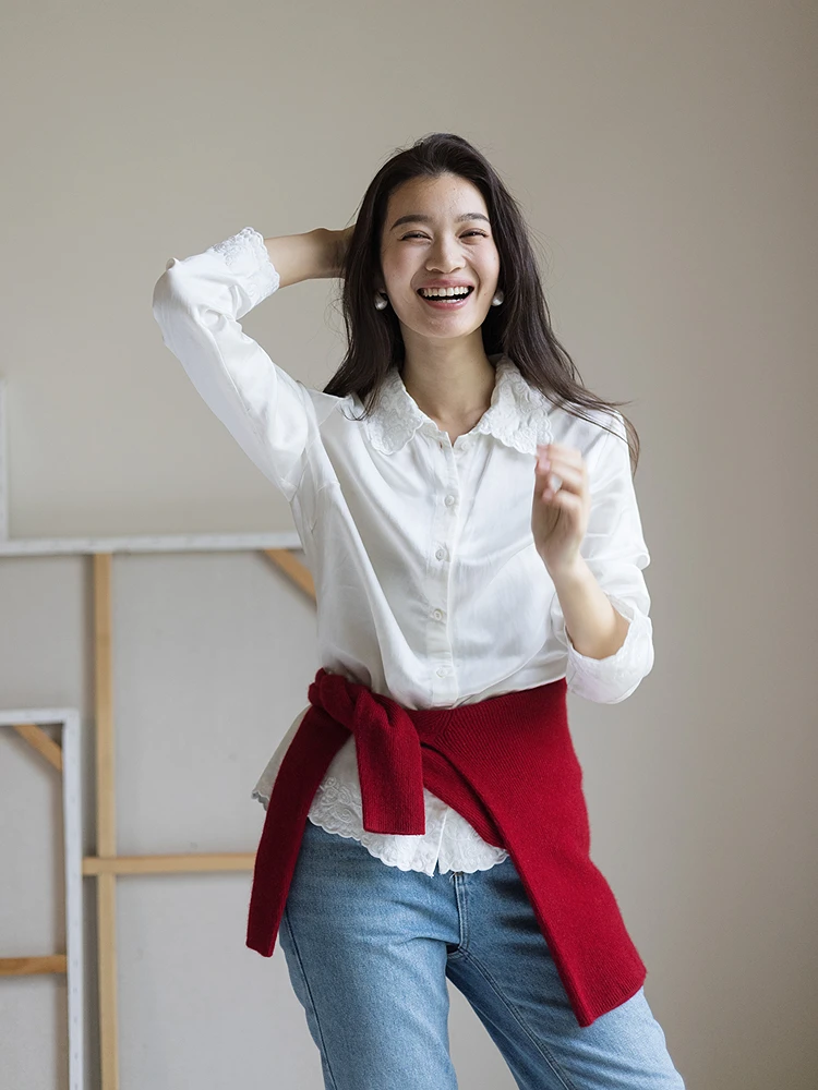 

Romantic Sle Long Sve Embroidered Heavy Work Linen Blend Women's irt Loose Fit Breathable Comfortable Button Plaet