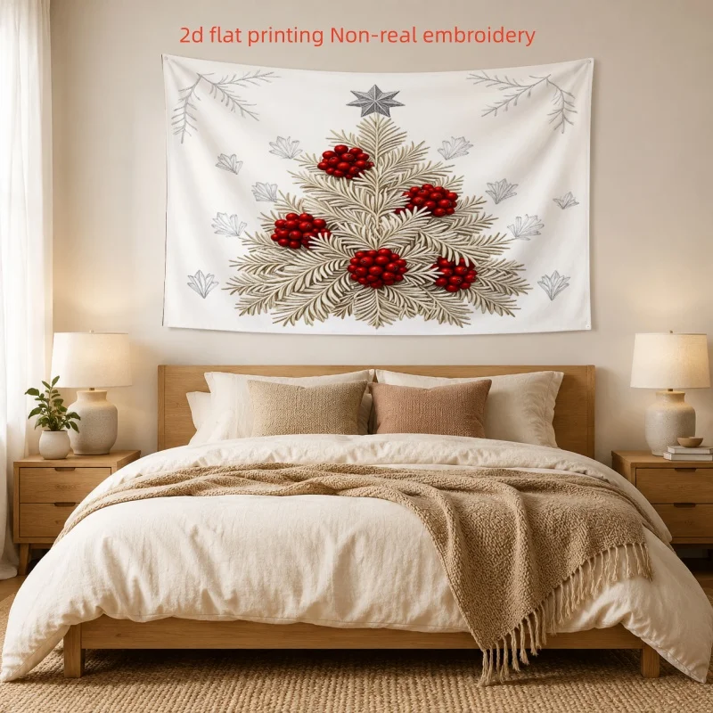 2D Flat,1pc Printed Tapestry, White Christmas Tree with Red Berries Pattern, Holiday Wall Decor, for Living Room,Bedroom