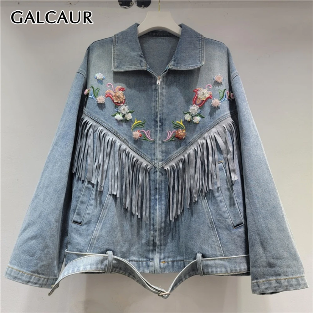 

GALCAUR Blue Spliced Tassel Chic Jacket Female Lapel Long Sleeve Patchwork Embroidery Vintage Women's Jackets Autumn New Fashion