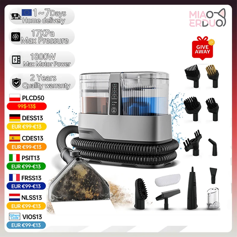 MIAOERDUO 1800W 17KPa Stoomtapijtreiniger 13-in-1 Multifunctionele draagbare droog- en natte reinigingsmachine voor bekleding, auto en huisdieren