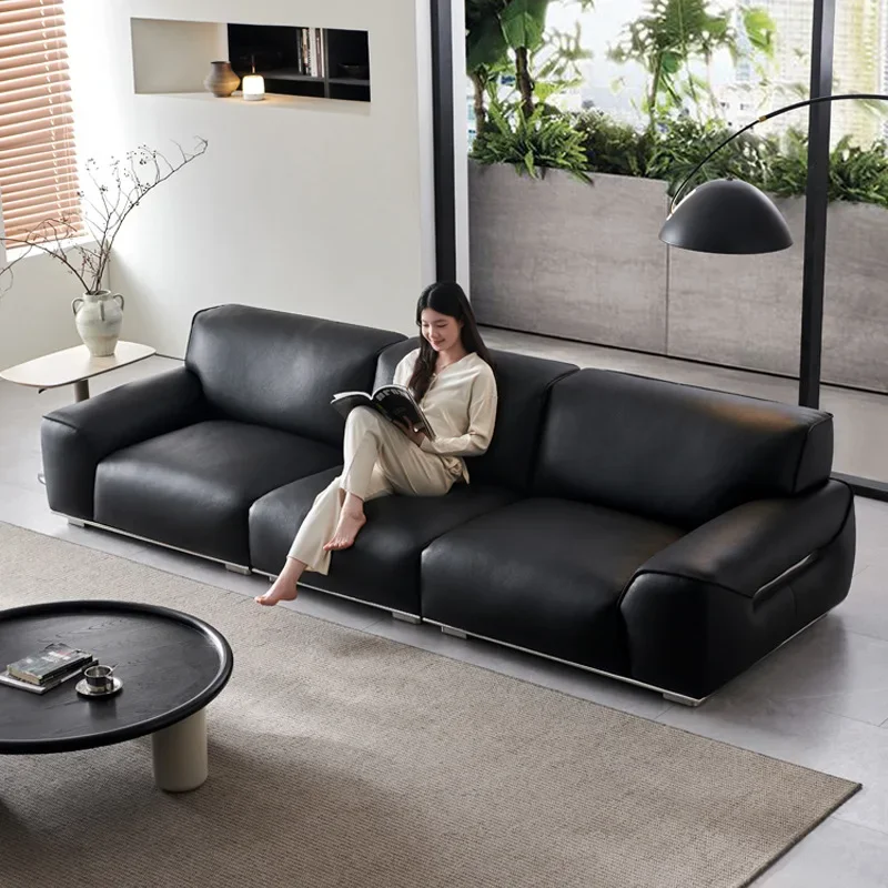 

Bison leather sofa living room straight row antique black imported first layer cowhide leather art sofa