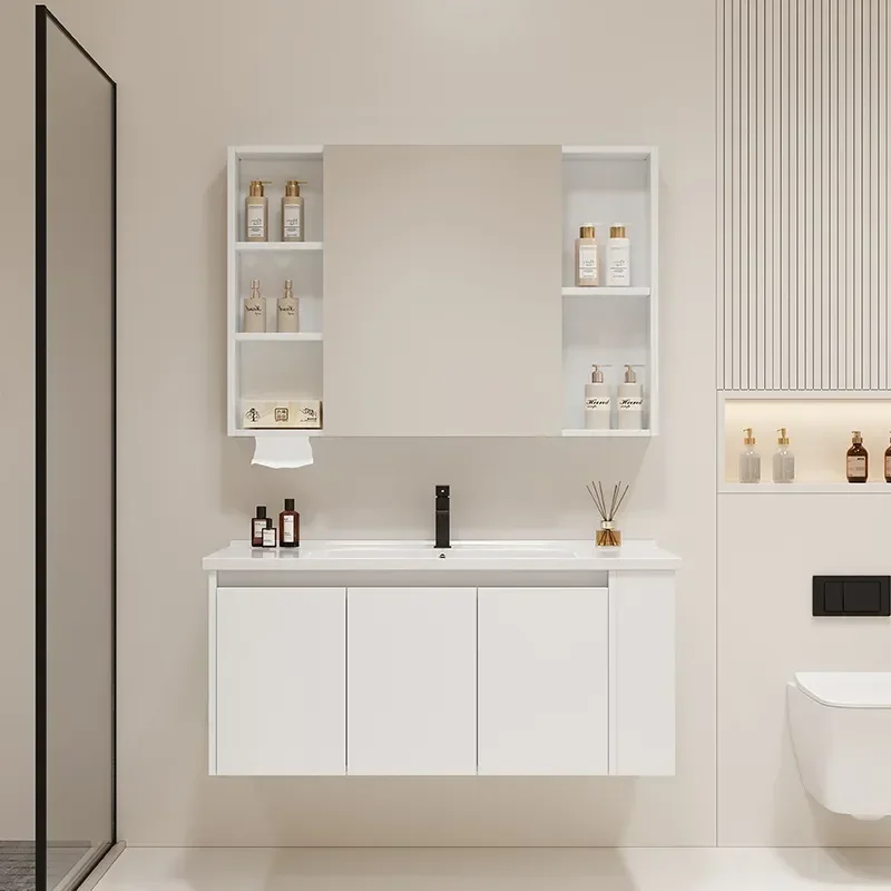 Side Cabinet Bathroom Vanity with Ceramic Integrated Basin Honeycomb Aluminum Washbasin Combo for Modern Bathroom Storage