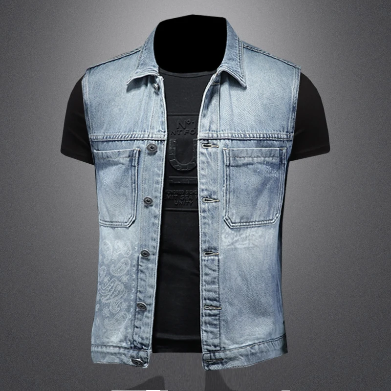 Hochwertige, modische, lässige, vielseitige, coole Jeansweste mit mehreren Taschen, laserbedruckte Jeansweste für Herren, Jeansweste