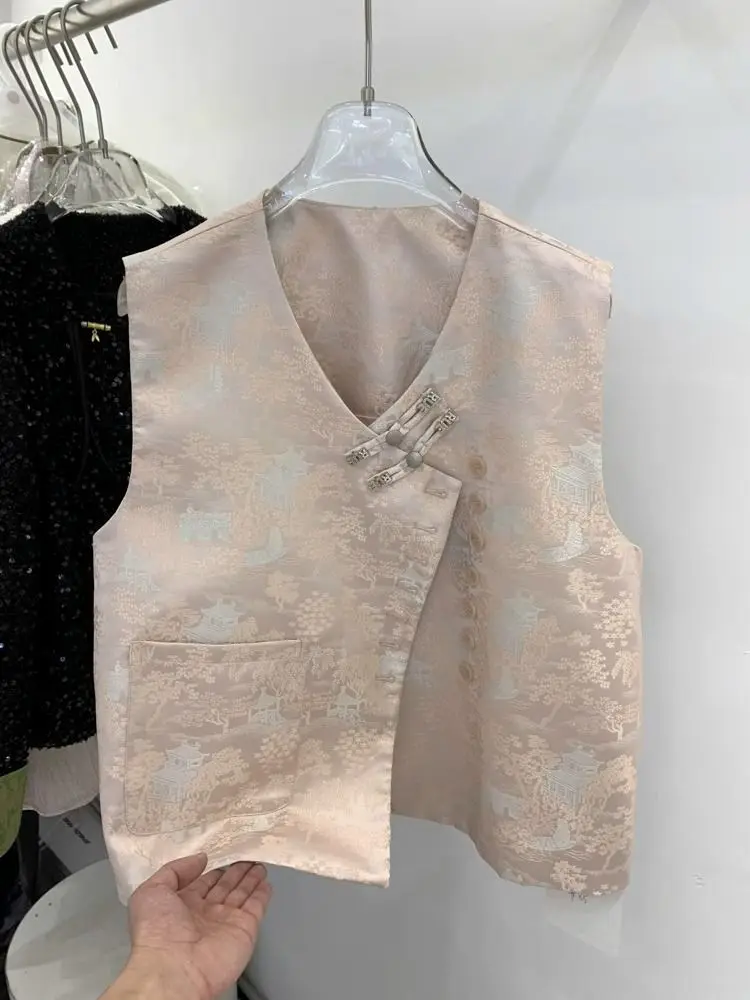 Gilet in raso di seta con stampa floreale Top da donna senza maniche con scollo a V vintage Top con fibbia retrò in stile cinese
