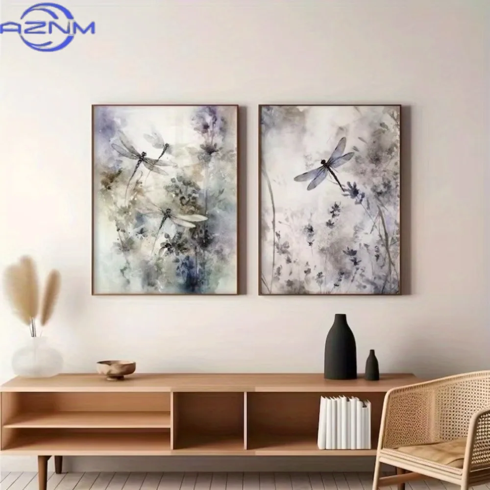 1pc Frameless Dragonfly Watercolor Lavender Flower Canvas Green Plant Purple Flower Insect Wall Art Spring and Summer Home Decor