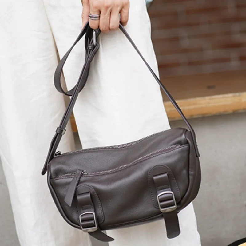 Vintage Quality Genuine Leather Messenger Bag for Women Buckles Decor Zipper Cross body Shoulder Handbag Casual Daily Satchel