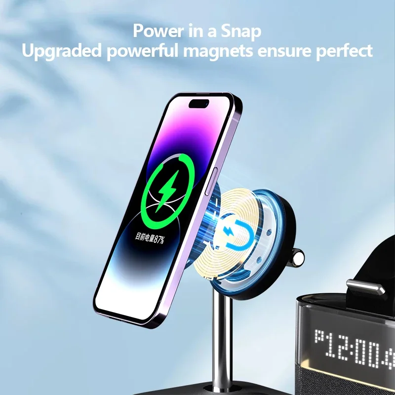 حامل شاحن لاسلكي مع منبه ، إضاءة ليلية RGB ، محطة شحن سريعة لـ iPhone 16 و 15 و 14 و 13 و 12 ، ساعة Apple ، Airpods ، 5 في 1 ، جديد