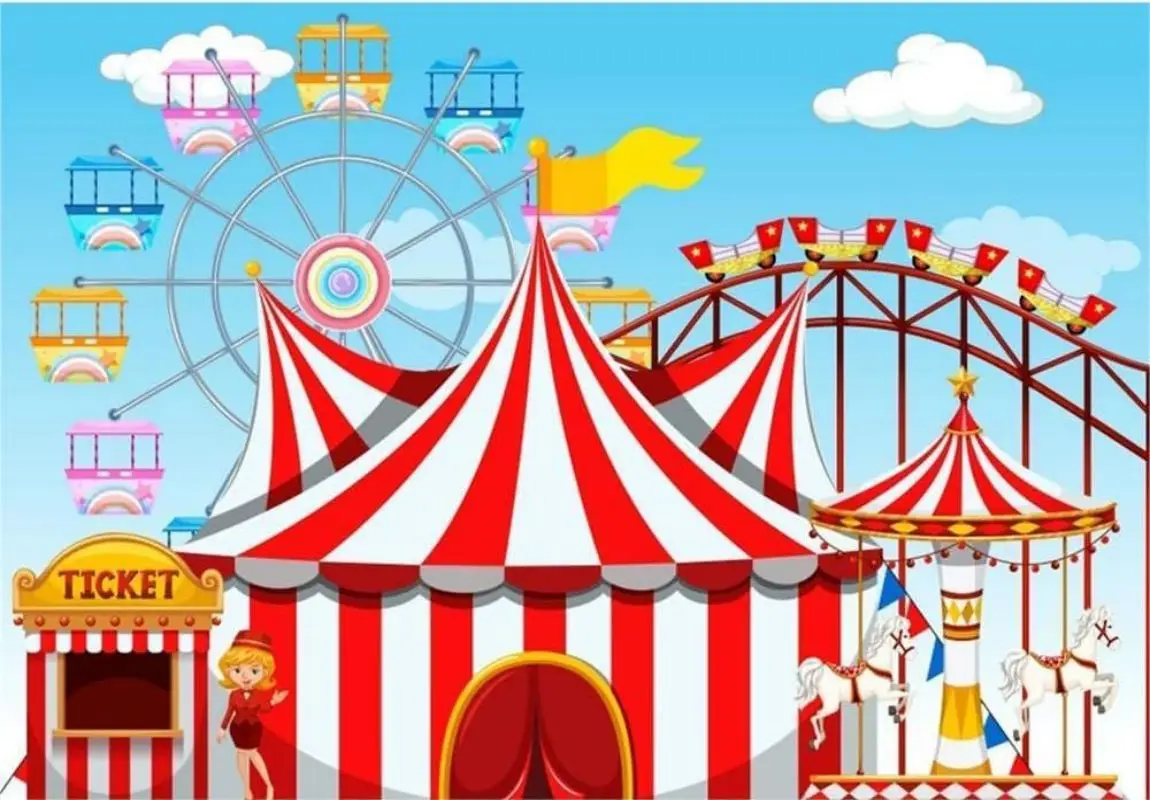 Circus Tent Backdrop Ferris Wheel Carousel Roller Coaster Photography Background Birthday Party Banner Baby Shower Decoration