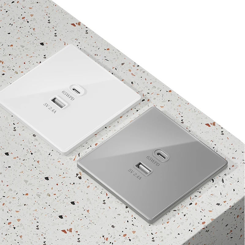 Universal 65W Super Quick Charge USB Port Glass Plastic Power Wall Socket, Type C Quick Charge Adapter USB Socket