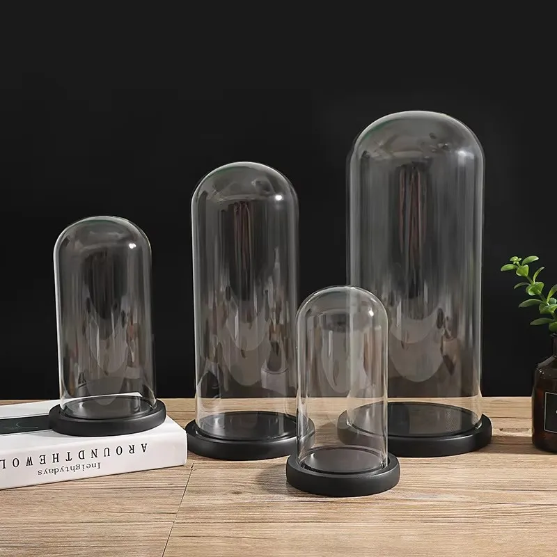 

Dia 20cm Glass Dome Cloche with Black Wooden Base, Glass Cloche Bell Jar Display for Plants, Fairy Lights or Table Decor