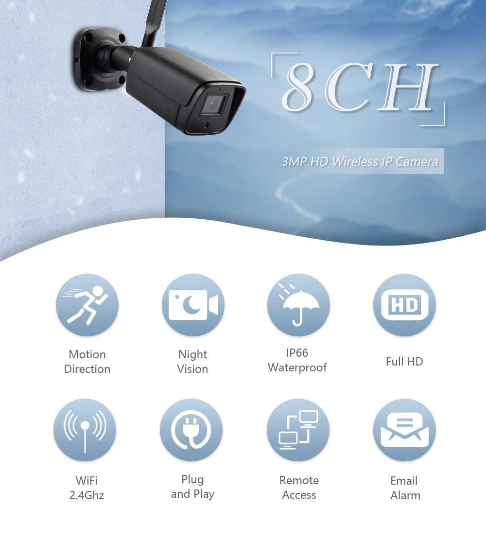 Sistema de seguridad de 8 canales con kit inalámbrico de cámara IP Wifi Nvr de cámara CCTV LCD de 7"