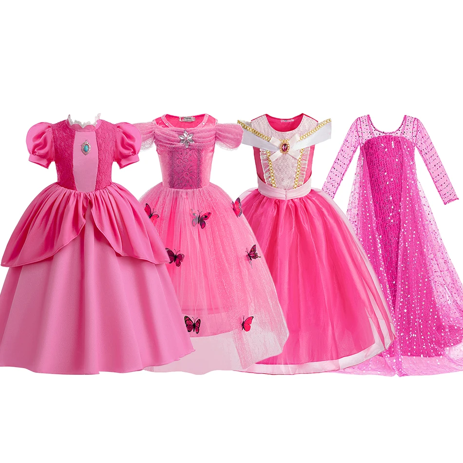 Children New Elsa Costume Little Girls Princess Cosplay Birthday Sequin Maxi Dresses Cinderella Rose Red Performance Ball Gown