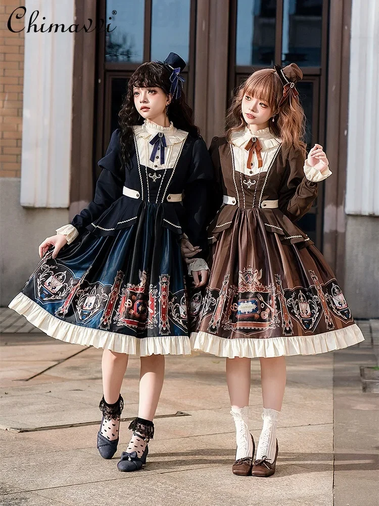 Daily Preppy Style Vintage Lolita Long Sleeve OP Dress Women Autumn Winter Sweet Bow Cartoon Print Slim Mid-length Puff Dress