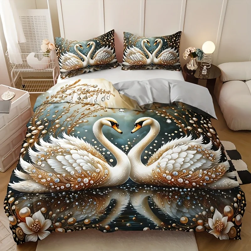 

3pcs Crown Swan Gemstone Duvet Cover Set, 1 Duvet Cover + 2 Pillowcases without Pillow Inserts, High-Definition Print for Home