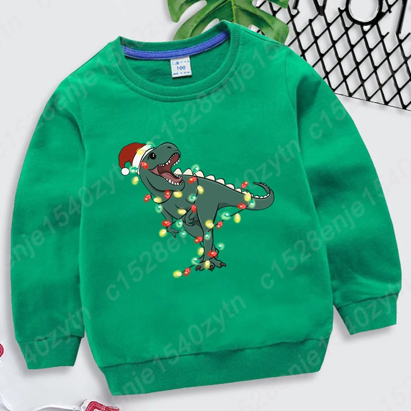 Christmas Light Dinosaur Print Hoodless Sweatshirts For Kids Casual Children Girls Boys Sweatshirts Autumn Winter Kids Pullovers