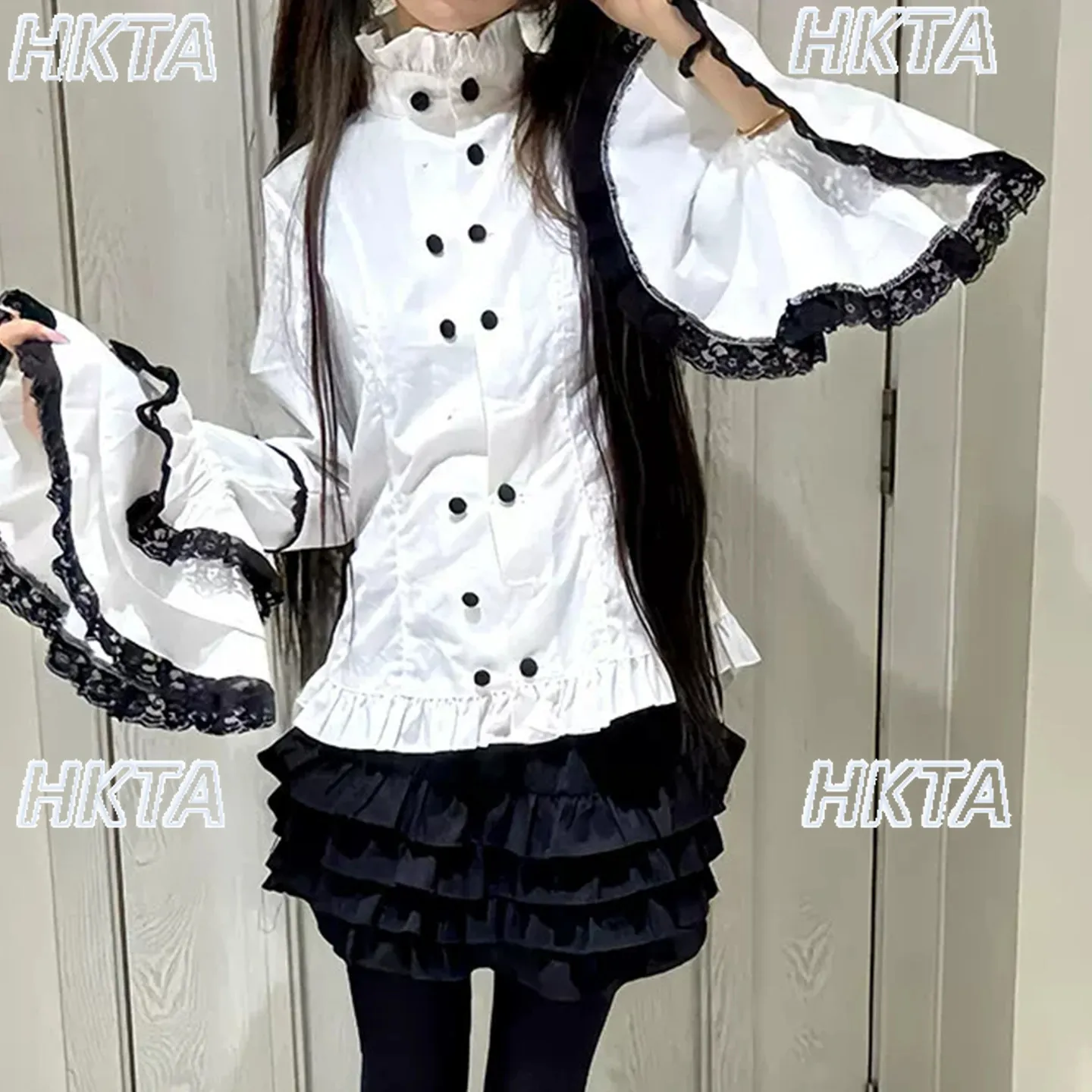 Vintage Goth Dark Subculture Y2k Court Lolita Suits Lace Bow Pleated Long Sleeved Shirt Contrasting Top Cake Mini Skirt Women