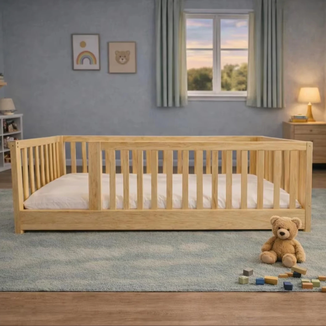 &c Montessori Inspired Floor Kids Bed Solid Wood Evolutive Frame with Safety Rails Twin Full Size Children's Bedroom OEM
