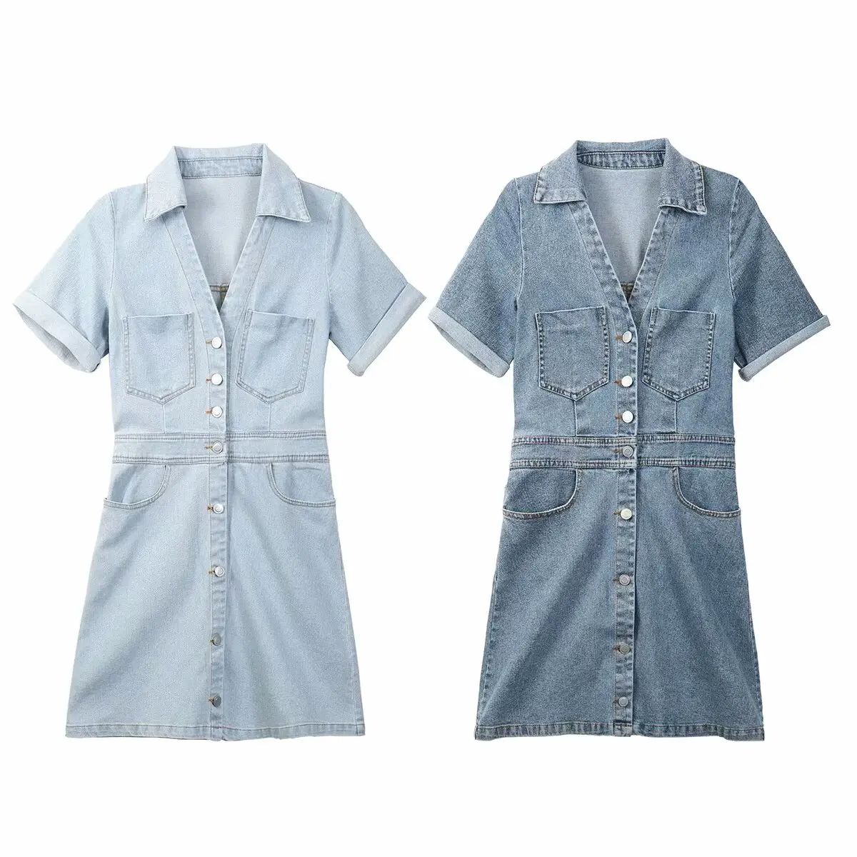 Women's 2024 New Fashion Casual Joker Denim Fabric Pocket Decoration Short Dress Short Sleeve Button Dress