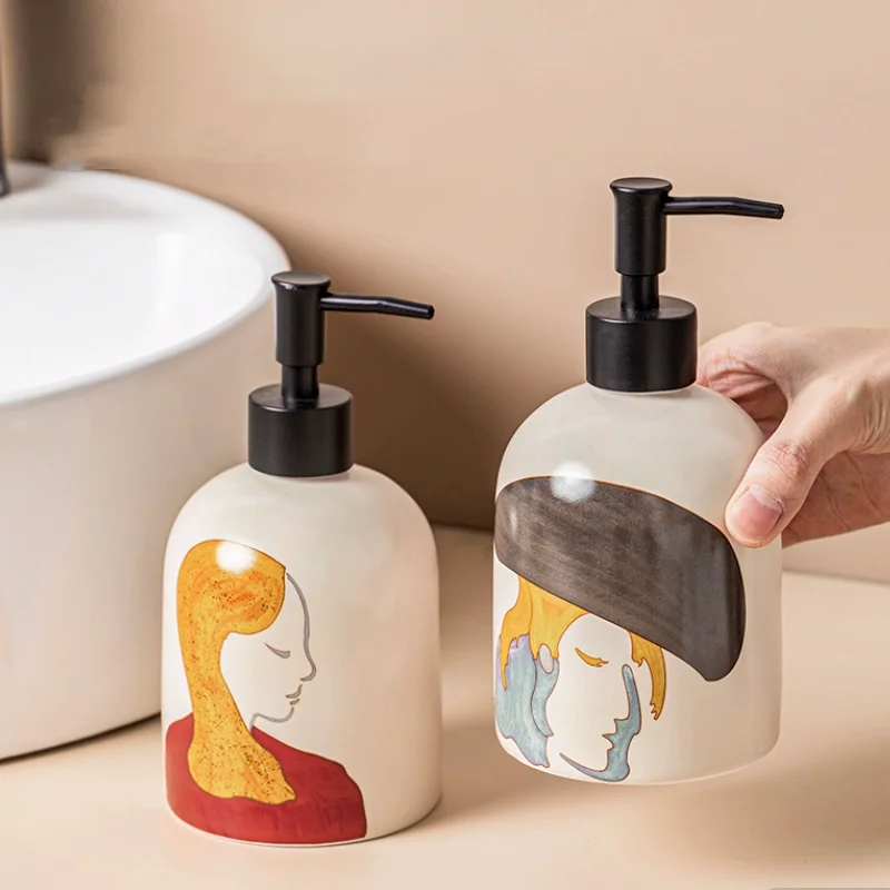 250-430ml Manual Soap Dispenser, Abstract Girl Painting Ceramic Art Lotion Bottle, Shampoo Dispenser, Bathroom Accessories