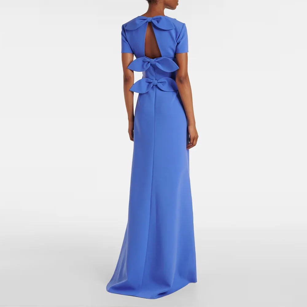 Modern Blue Women's Evening Gown Mermaid Floor Length Formal Party Dress O Neck Appliques Saudi Dress Short Sleevels Prom Dress image 2