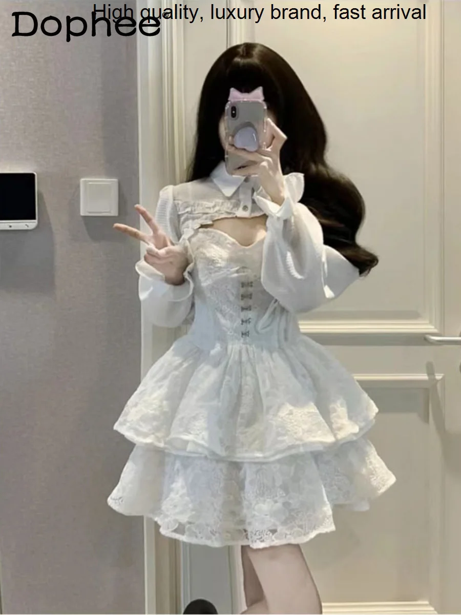 2023ฤดูใบไม้ผลิฤดูใบไม้ร่วงใหม่เซ็กซี่ Lace สำหรับผู้หญิงเกาหลีน่ารัก Lolita ชุด2ชิ้น