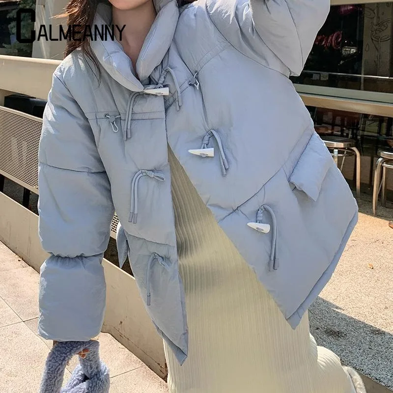 2024 Autumn Winter New Cotton Jacket Women Korean Cotton-Padded Thick Warm Outwear ox horn buckle Short Coat Casual Ladies Top