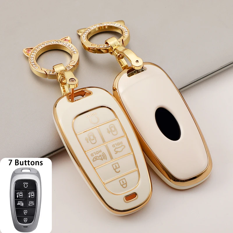 Soft TPU 7 Buttons Car Key Cover Case For 2020 2021 Hyundai Sonata Nexo DN8 Santa Fe TM Tucson NX4 Staria Ioniq Keychain