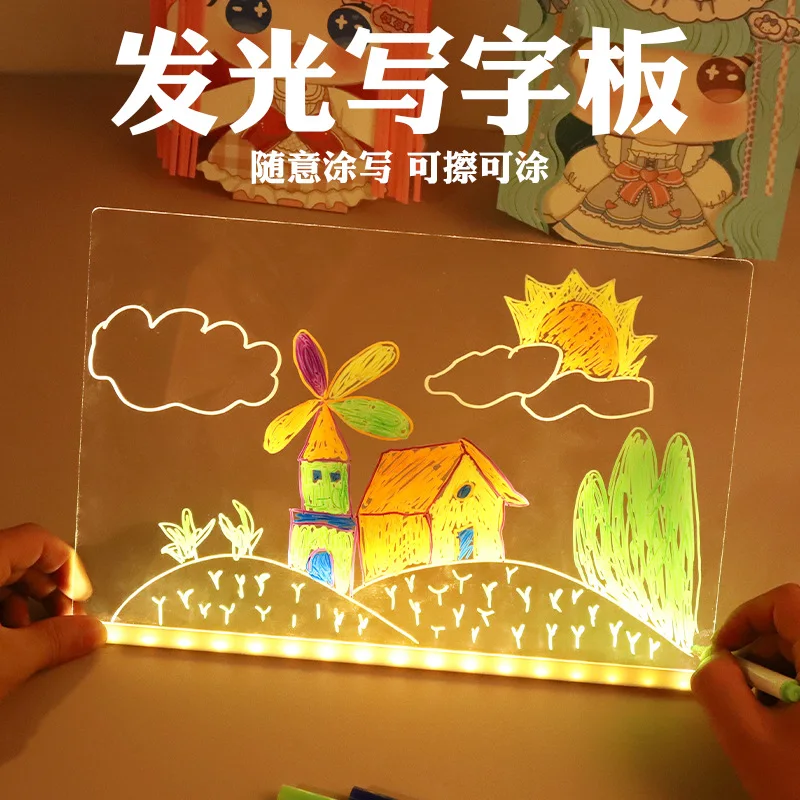 لوحة رسم مضيئة للأطفال جرافيتي لوح فلورسنت أكريليك قابل للمسح ألعاب تعليمية للأطفال مرسومة يدويًا
